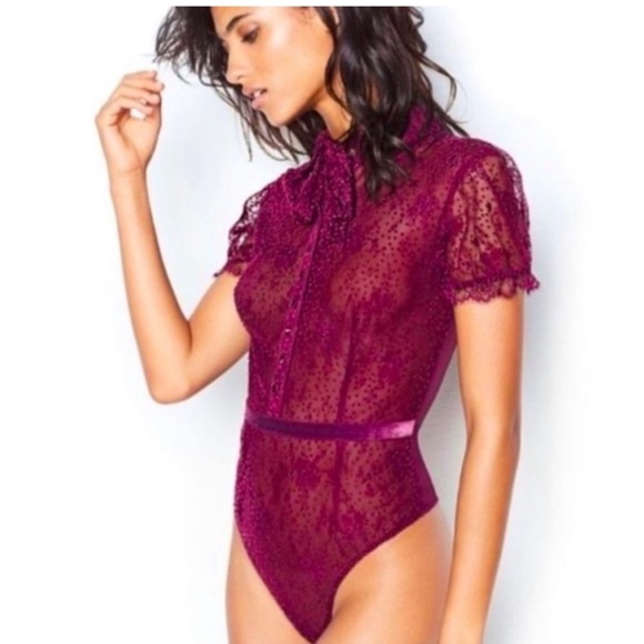 Victoria's Secret Other - Victoria’s Secret Sexy Lace Puff Sleeve Button Down Bodysuit
